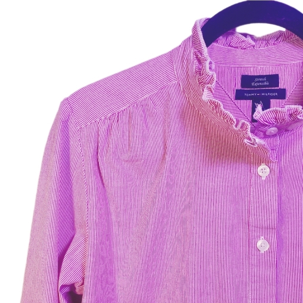 TOMMY HILFIGER Ruffle Collar, Red & White Striped, Button Down Blouse Tailored